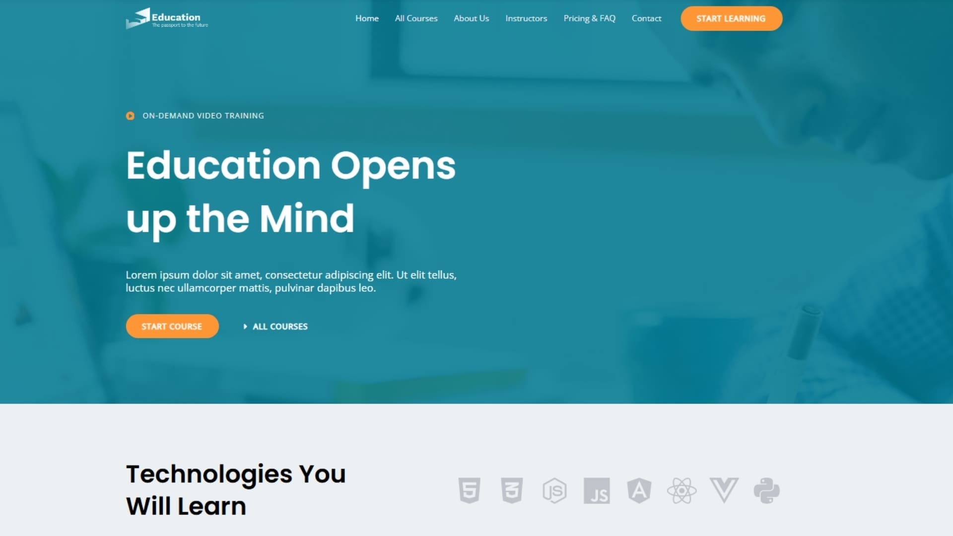 Free websites ireland (29) - Heaventree Website Design A modern website homepage featuring a vibrant blue background with the text "Education Opens the Mind," highlighting the importance of learning. The design includes sections for various technologies that users can explore and learn about.